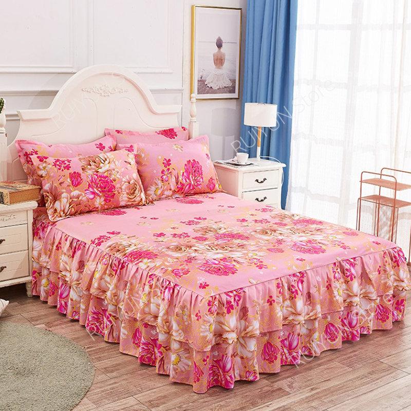 Drucken Weiche Bett Rock Hause Schlafzimmer Doppel Schichten Bett Rock Bettlaken Bett Abdeckung Rock Nicht-slip Matratze Abdeckung Couvre lit Bettdecke