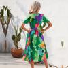 Women Floral Print Summer Dress V Neck Short Sleeve Wrinkle Free Belted