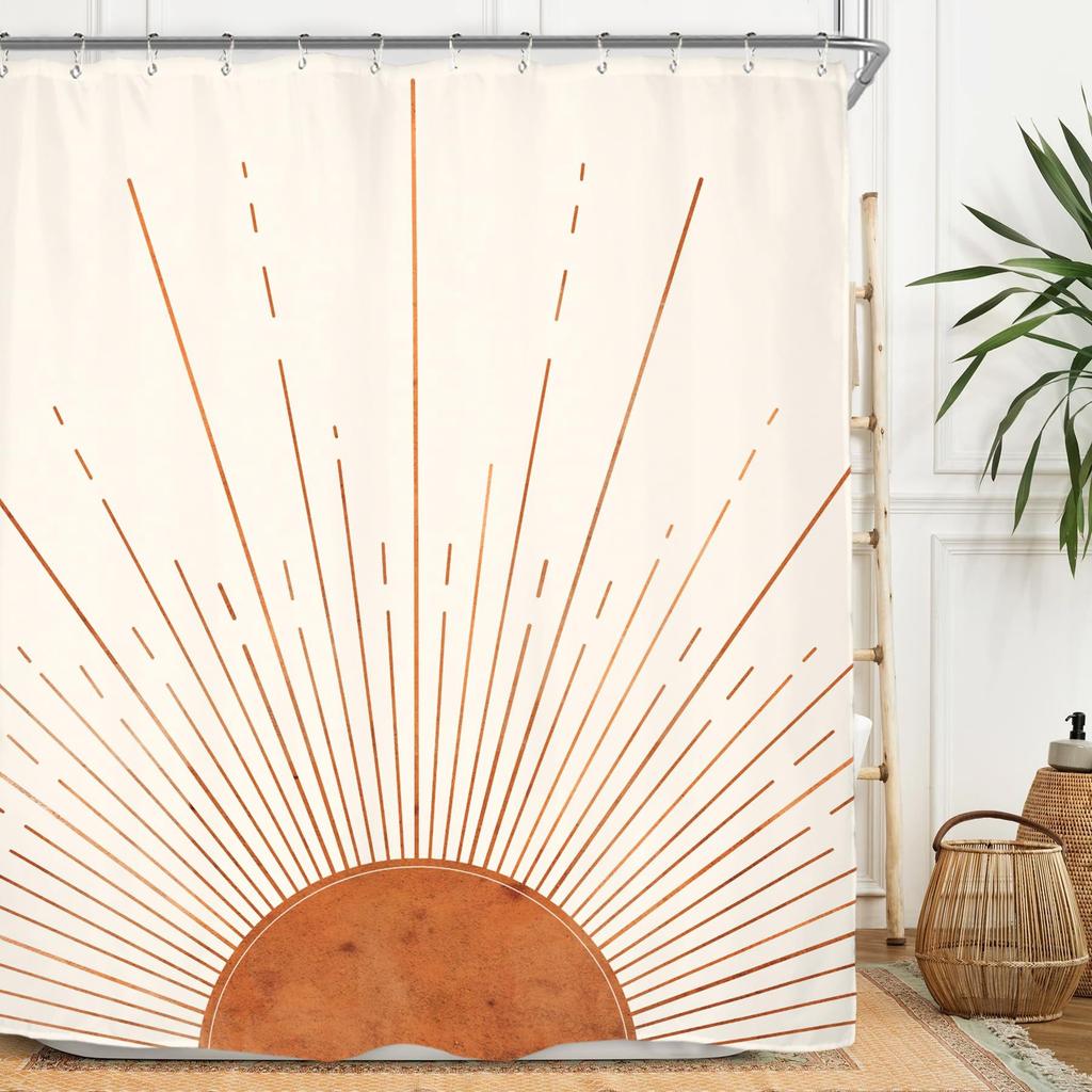 Rust Sun Abstract Shower Curtain Set Simple Medieval Vintage Sunrise Polyester Waterproof Bathroom Curtain With Hook