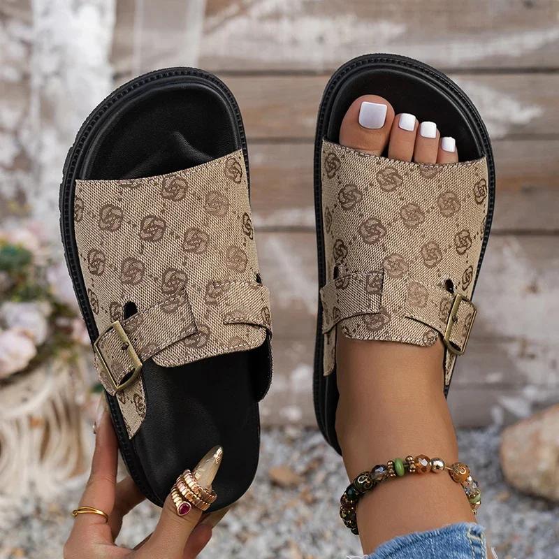 Fashion Women's Summer Embroidered Flat Sandals Fashion Buckle Strap Platform Slippers Woman Comfort Non Slip Beach Shoes Outdoor Slides