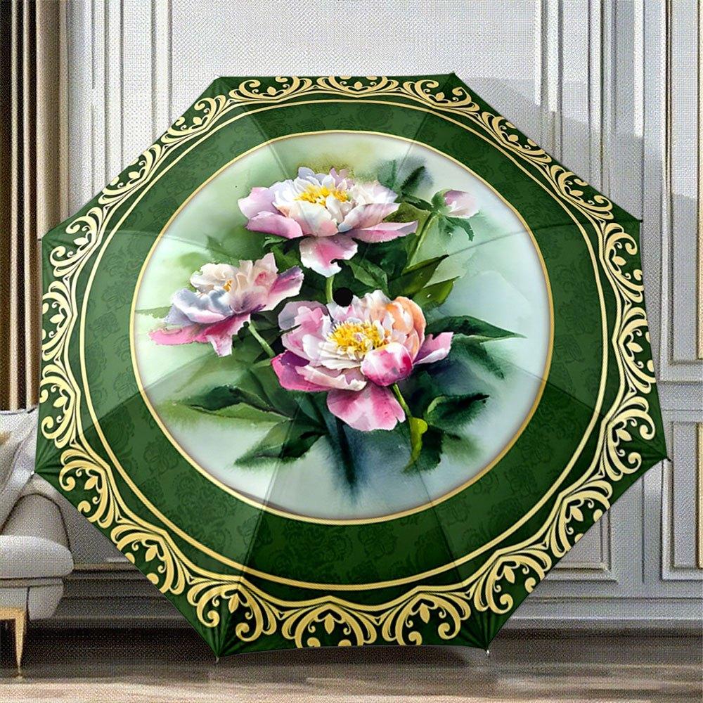 

Automatic Folding Umbrella with Pink & White Peonies & Green Golden Ornate Border - 8-Rib Compact Design, Lightweight Durable (as the picture,Iron&8K)