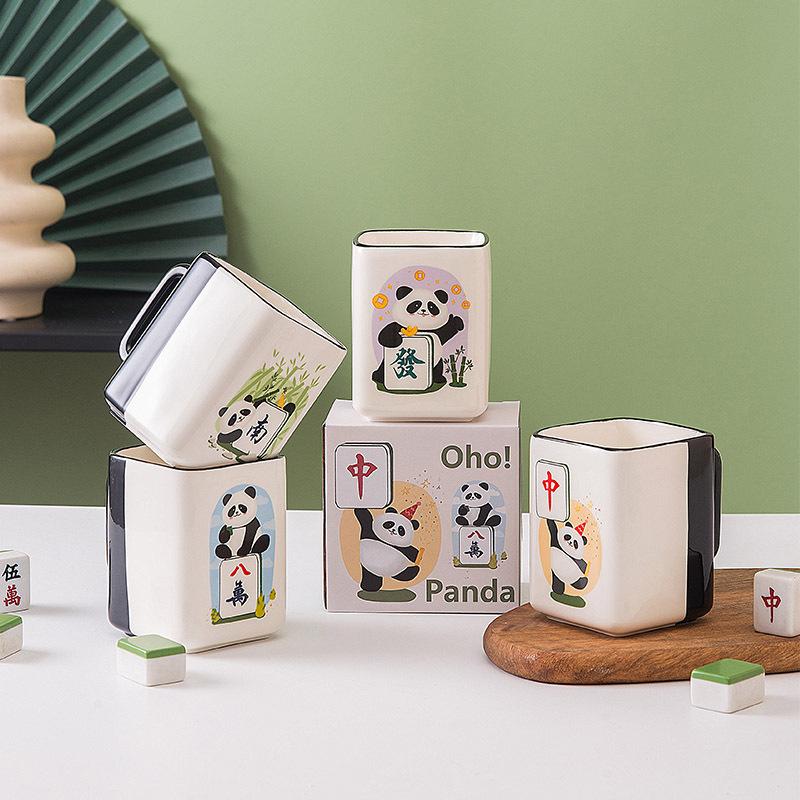 Creative Panda Mahjong Ceramic Cup Make a Fortune Good Luck Chess and Card Room Gift Coffee Cup Personalized Home Breakfast Milk Cup