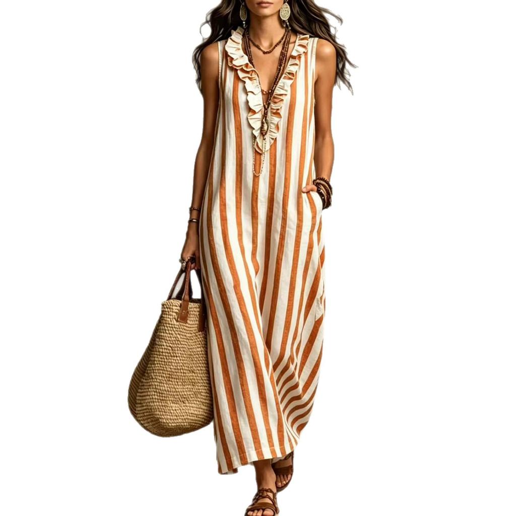 European and American cross-border women's clothing Amazon 2026 new bohemian temperament vertical striped V-neck pocket sleeveless long dress