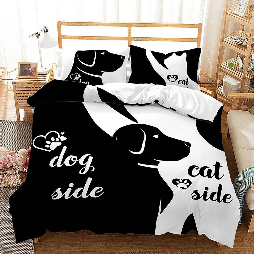 Black And White Dog Cartoon Print Bedding Set Kids Room Duvet Cover Set 3 Piece Set Simple Style 100% Polyester