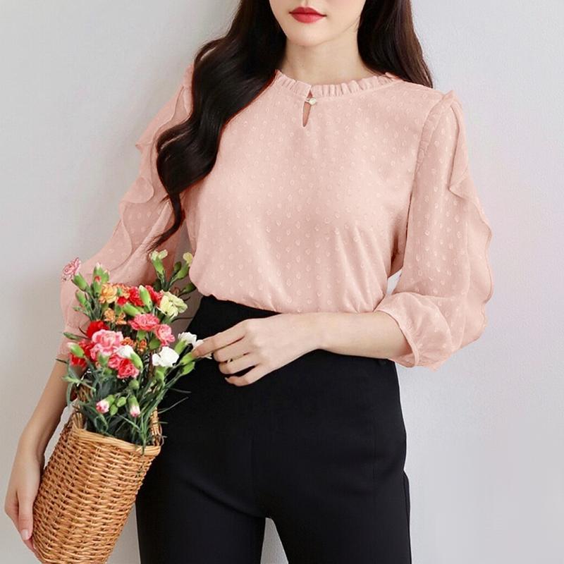 ZANZEA Womens Casual Ruffles Splice 3/4 Sleeve Summer Sheer Cover Up Blouse S розовый