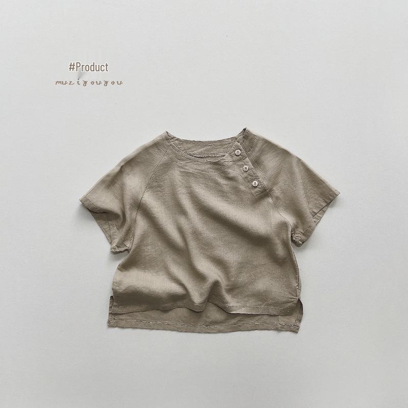 Children's Summer 2025 Cotton Linen Blouse - Korean & Japanese Style Short Sleeve T-shirt for Boys and Girls