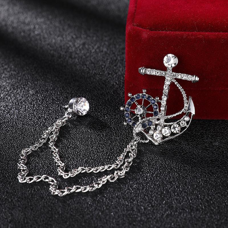 Fashion Luxulry Korean Crystal Anchor Brooches for Women Men Tassel Chain Rhinestone Collar Pins Suit Shirt Badge Jewelry Gifts