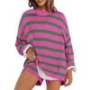 VEZFAA Women's Fashion Casual Stripe Print Spring Autumn Long Sleeve O-Neck Trousers Pants Suits
