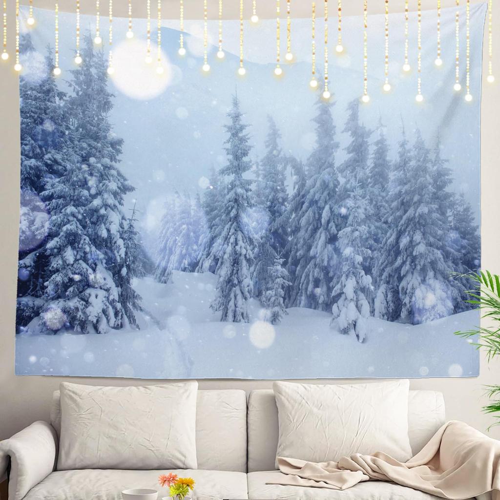 White Snow Wall Tapestry, Grey Wall Hanging Large Tapestry Decoration Polyester Fiber White Hem Around for Dorm Room Bedroom