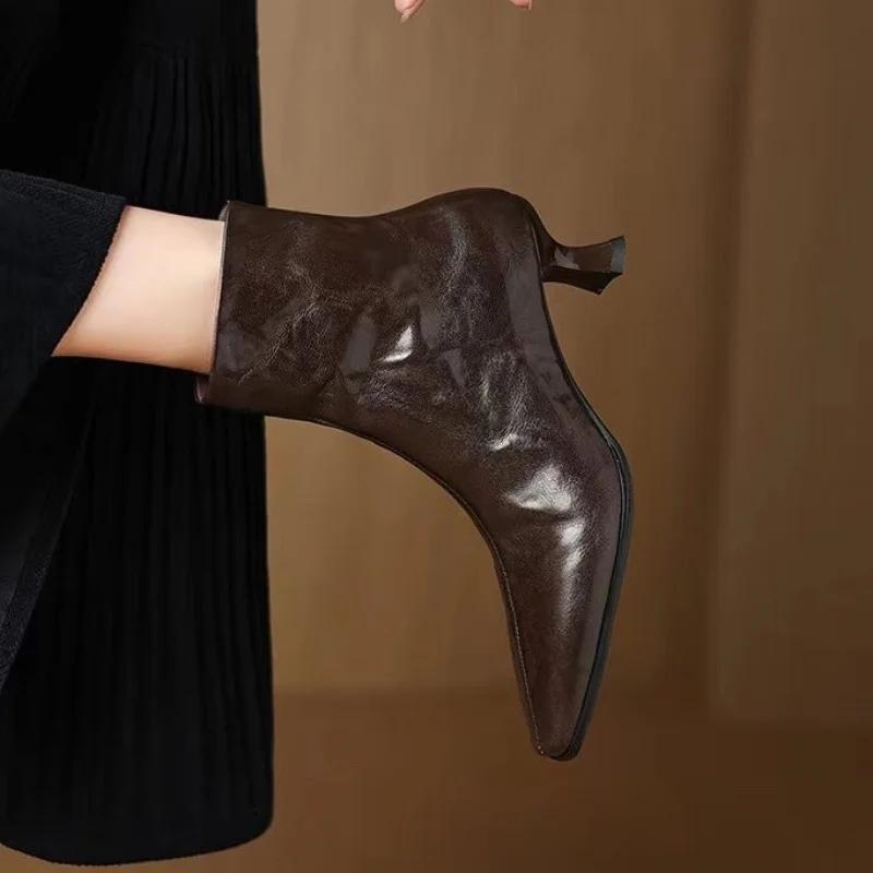 

модные женские кожаные ботильоны сексуальные остроносые туфли на среднем каблуке женские 2025 трендовые зимние ботинки челси новые туфли-лодочки Mujer Botas 40 коричневый