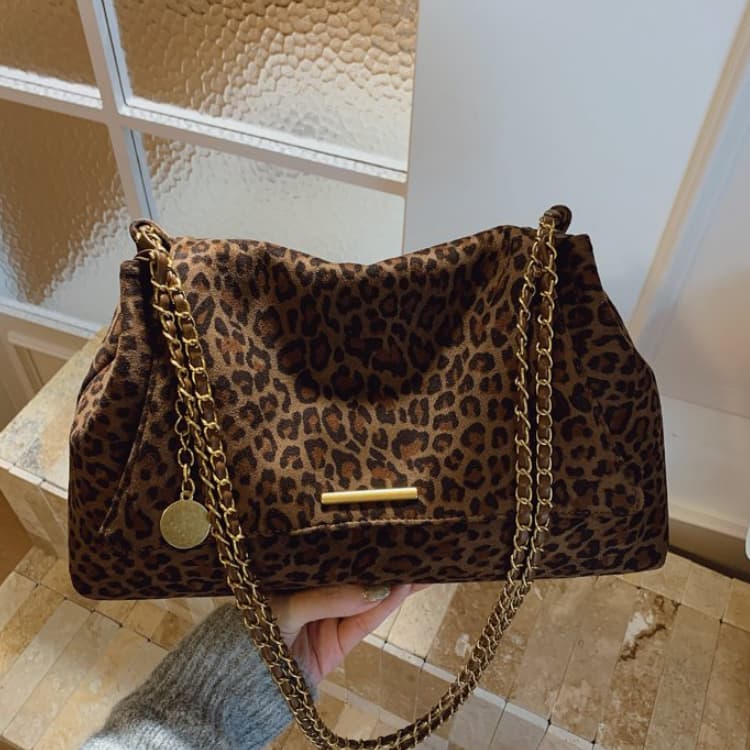 Ladies Gold Zipper Leopard Print Crossbody Bag