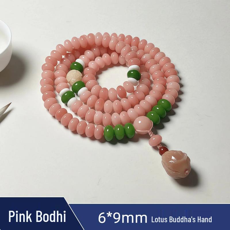 Zen Style Bodhi Root Bracelet with Lotus Pendant for Women, 108 Pink Beads