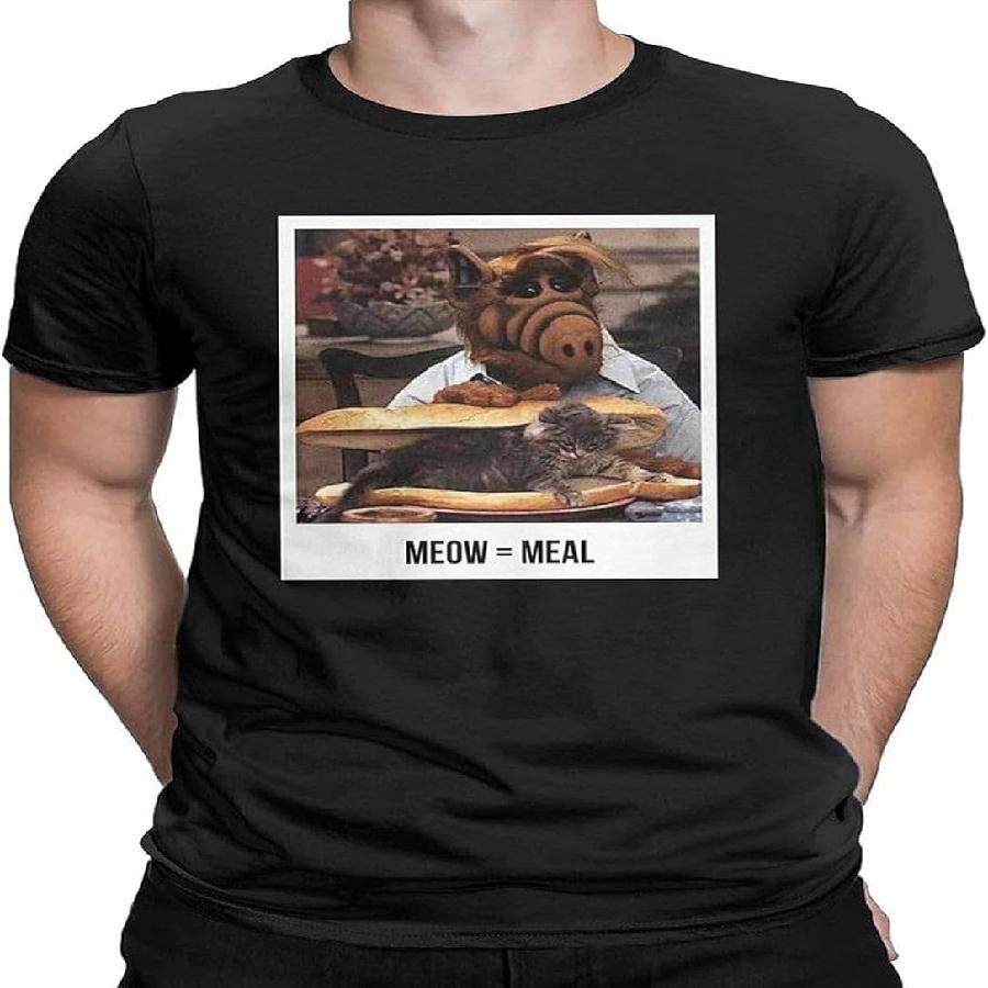

Футболка Alf Meow Мужская Хлопок Забавные Футболки Круглый вырез Мелмак 80-е ТВ Инопланетянин Гордон Шумейвей Футболки С коротким рукавом Черный S чёрный