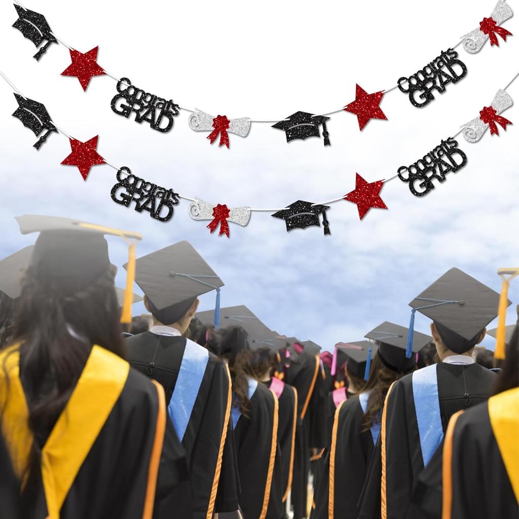 Black and Red Congrats Grad Banner Graduation Decorations Class of 2026 Glitter Star Grad Cap Certificate Bunting Garland for Graduation Party