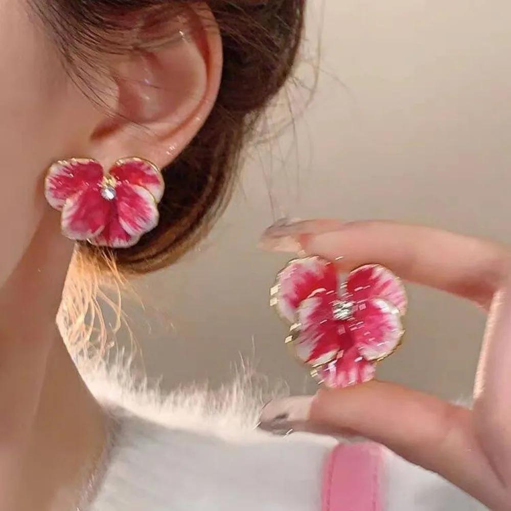SUMENG New Blue Red Enamel Stud Earrings Fashion Five-Petals Crystal Cute Girls Ear Decor for Women Jewelry Accessories Gifts