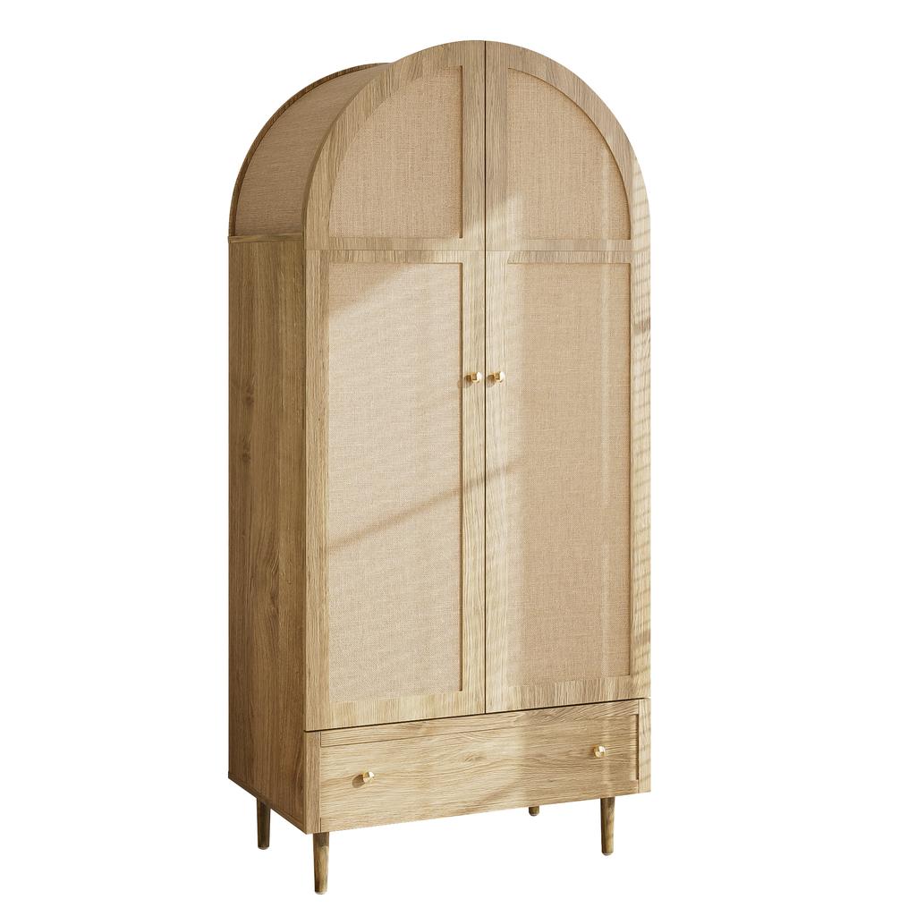 Kleiderschrank mit Schubladen, Holztüren mit Leinenstoffbezug, Großer Stauraum, Kleiderschrank für Schlafzimmer, Moderne Aufbewahrungslösung