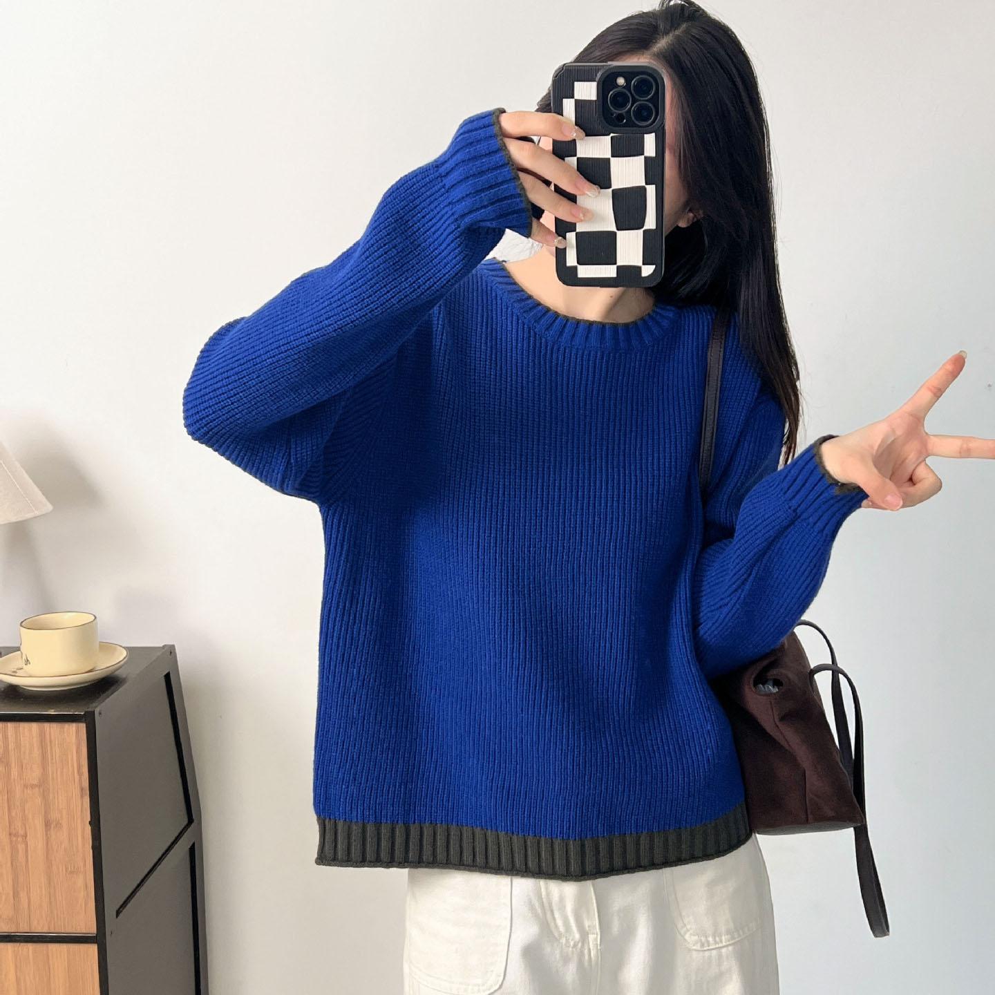 

New Round Neck Pullover Sweater with Scarf, Women s 2025 Autumn and Winter Loose Design, Fashionable Knitted Top One size fits all синий