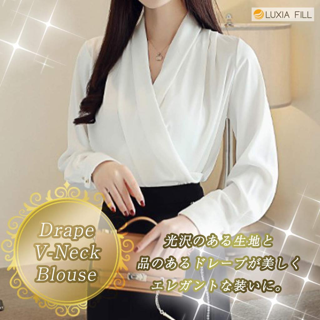 LUXIA FILL Women's Draped V-Neck Blouse/Shirt, Satin, Loose Fit, Long Sleeves (XL, White)