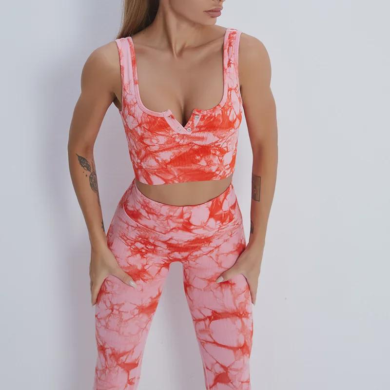 Stylish Tie-Dye Yoga Apparel: Women's Backless Tops, Yoga Vests, Running Pants, Sports Bras, and Fitness Outfits for Summer.