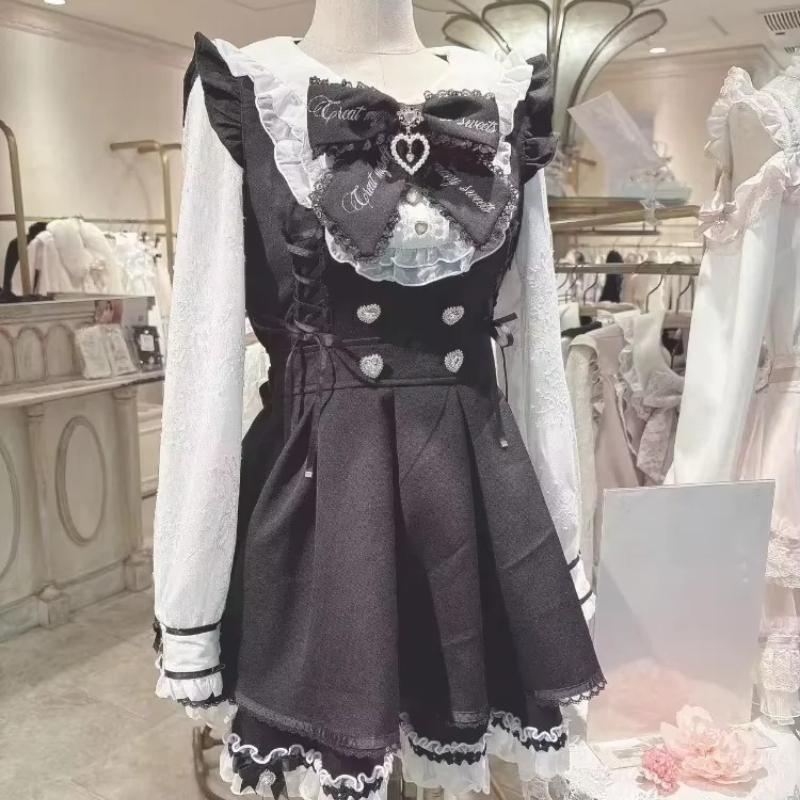 Japanese Y2 Aesthetics Vintage Bow Dress Shorts Set Women Gothic Lolita Style Long Sleeve Shirt Dress Elegant Party Dress Suits