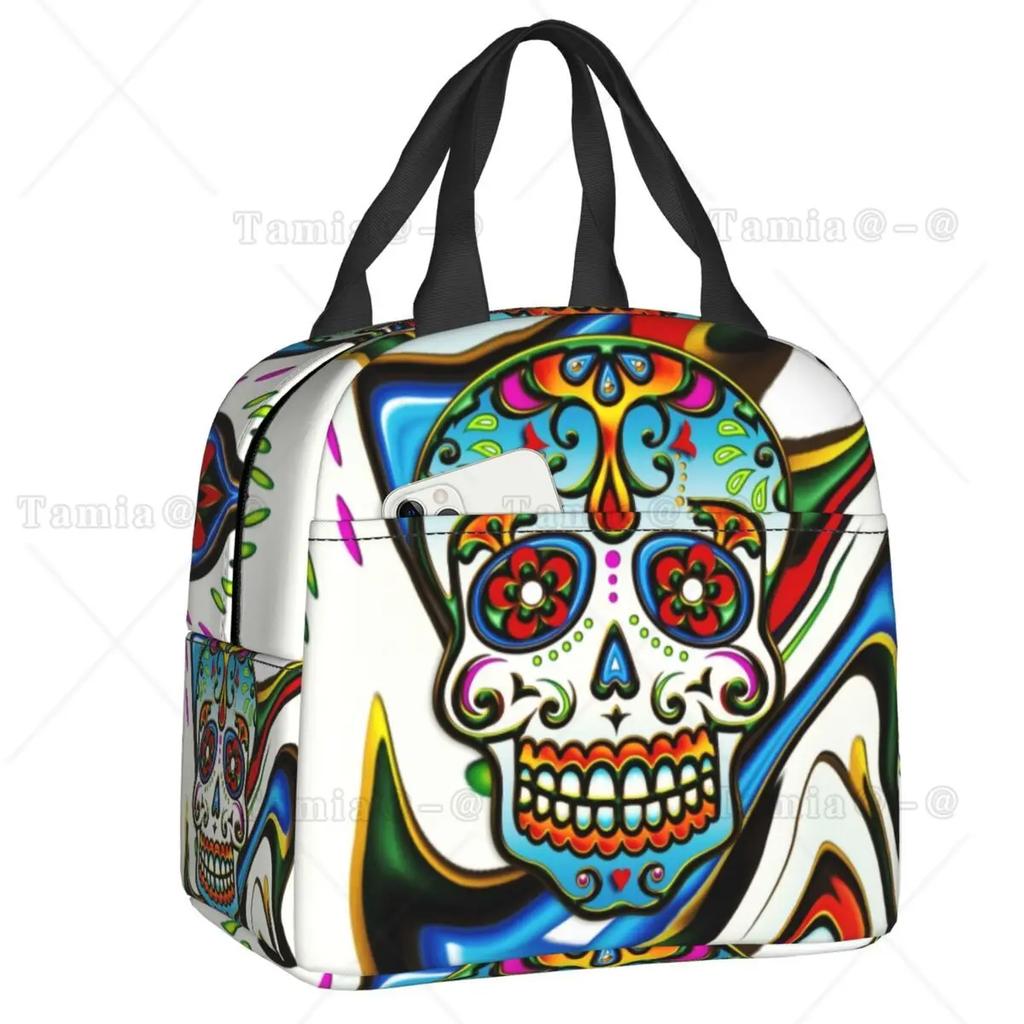 Day Of The Dead Kitten Cat Sugar Skull Lunch Box Multifunction Mexican Halloween Floral Thermal Cooler Food Insulated Lunch Bag