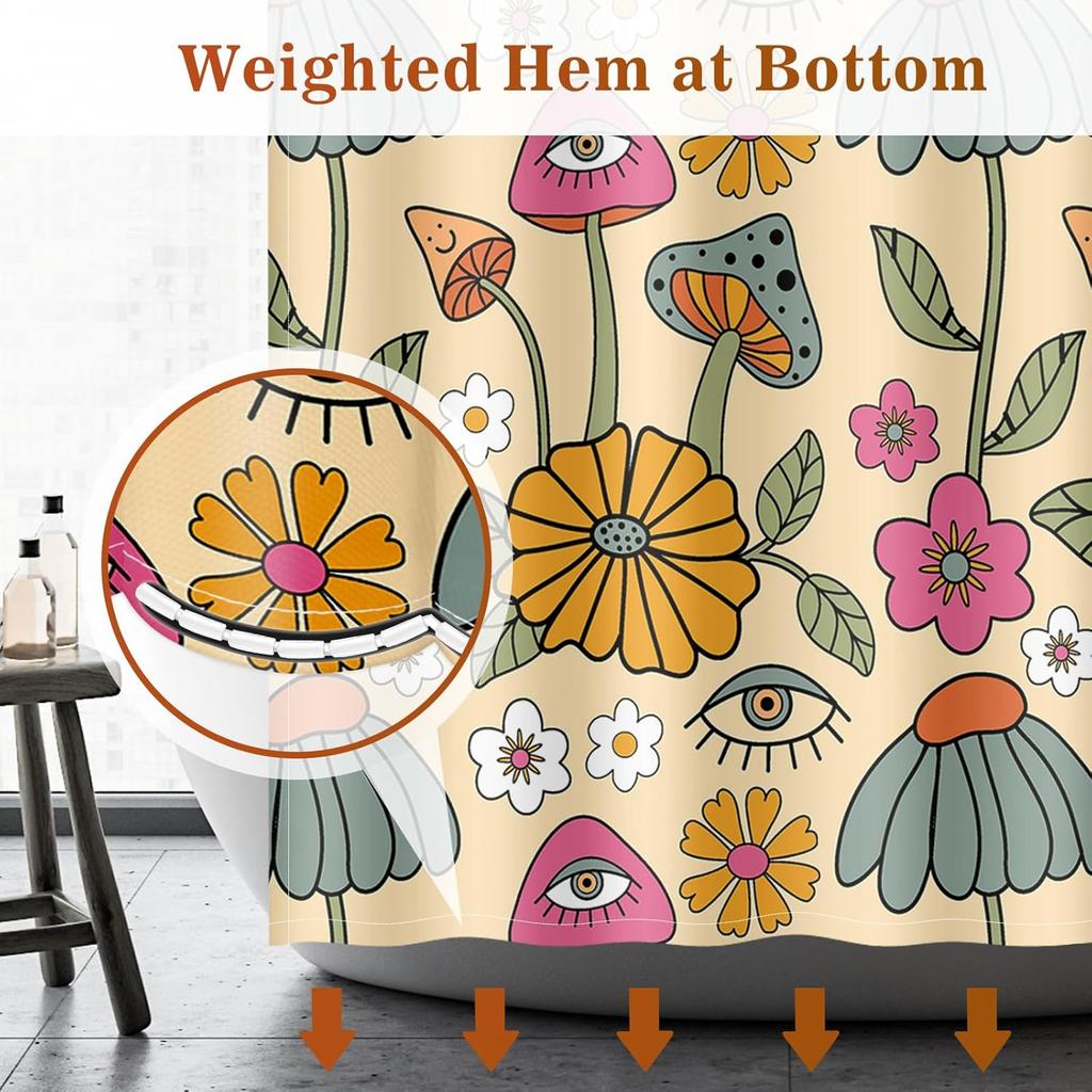 Aimego Boho Mushroom Shower Curtain - 60S 70S Retro Bohemian Flowers Eyes Floral Fabric Cloth Bath Shower Curtain Set With 12 Ho