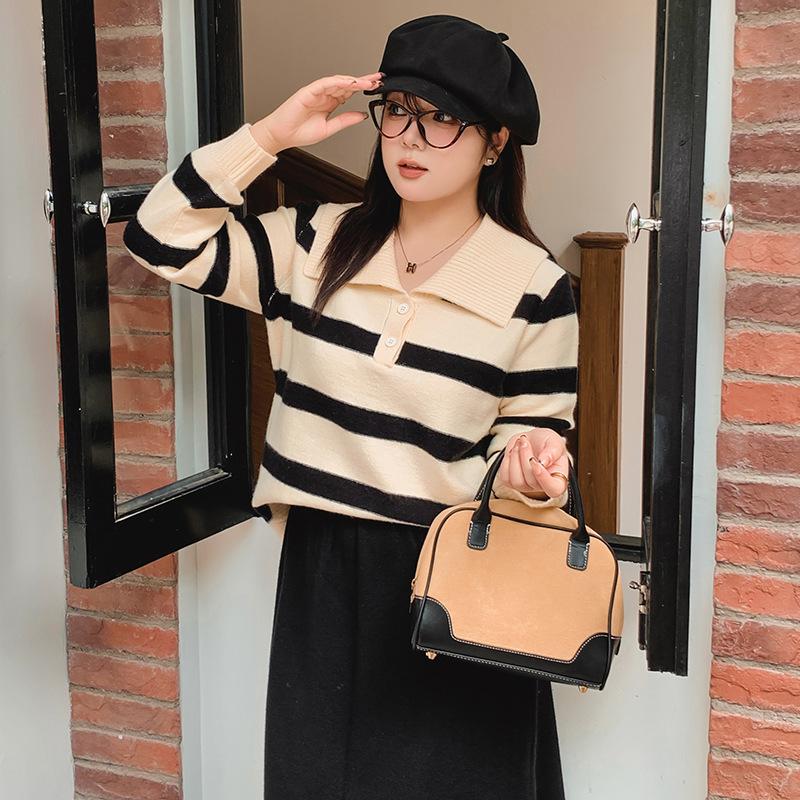Women's Plus Size Lapel Long Sleeve Striped Shirt Autumn and Winter Loose Knitwear