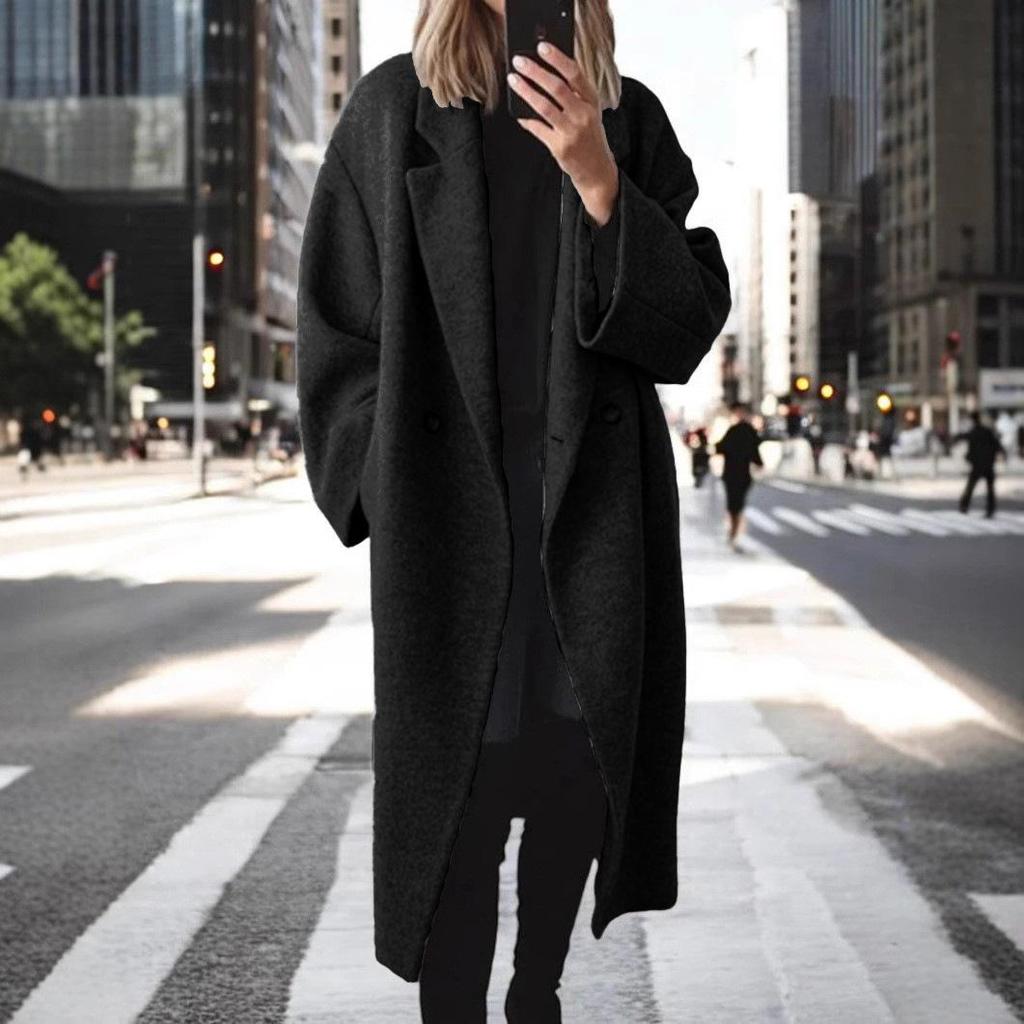 Damen Herbst Winter Wollmäntel Damen Einreihig Langärmlig Taschen Maxi Mantel Damen Oberbekleidung Jacken