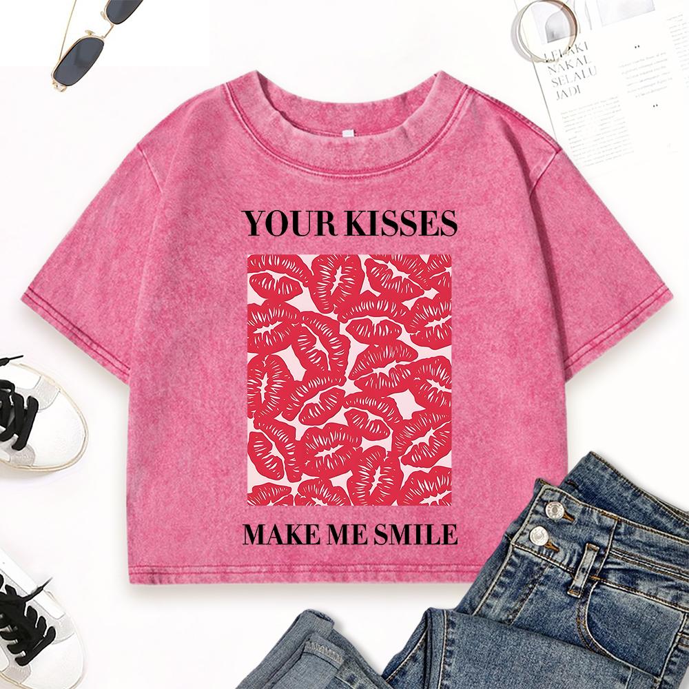 Your Kisses Make Me Happy  Print Washed Crop T-Shirt Women Vintage Cotton T-Shirts Clothes Summer Fitness Top