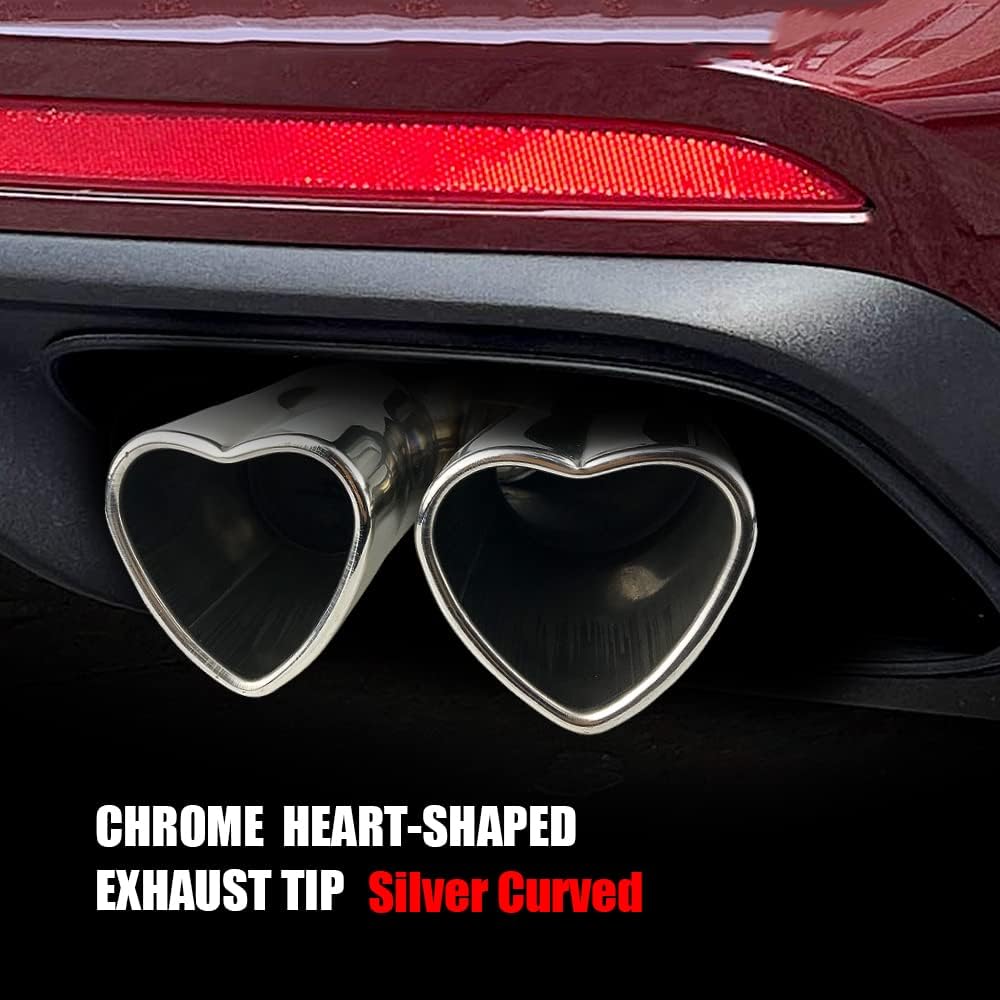 2.5 Inch Inlet Dual Exhaust Tips Muffler Tip,Chrome Heart-Shaped Exhaust Tip,Universal Bolt-On Double Tube Exhaust Muffler (Silver,Curved)