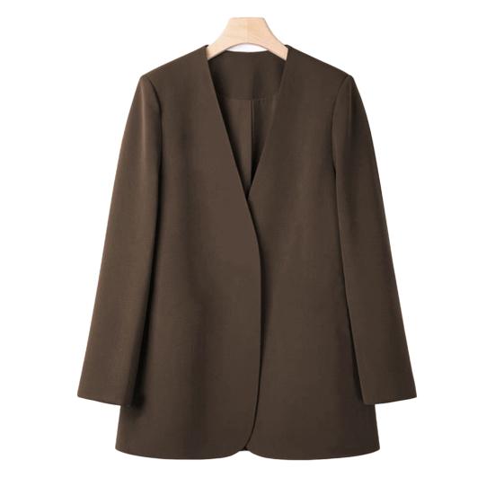 Women Suit Coat Collarless Long Sleeve Solid Color Casual Coat Loose Fit No Buttons Cardigan Style Outerwear Work Wear