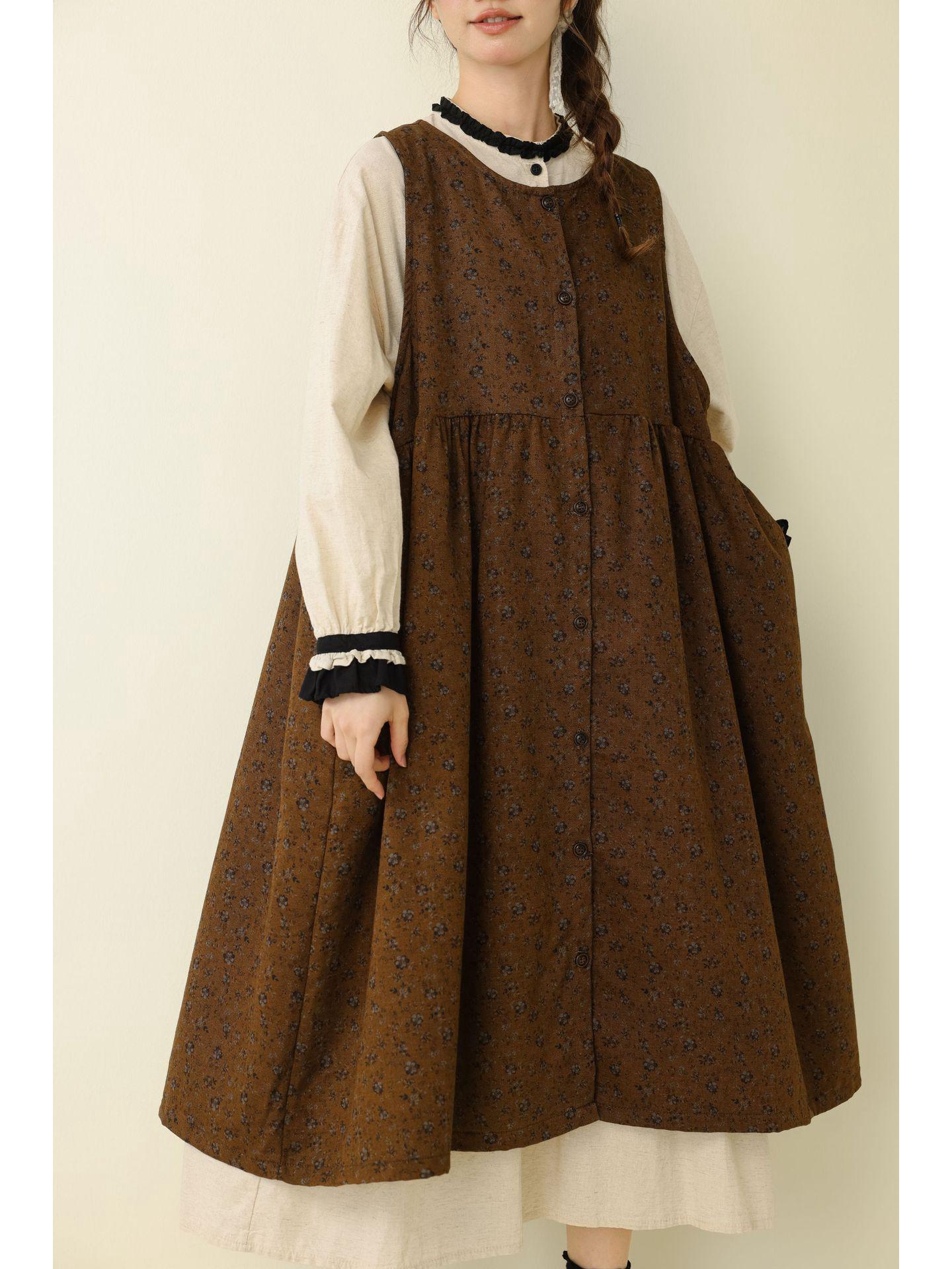 Autumn 2025 Floral Retro Layered Vest Dress - Slimming, Loose-Fitting Midi Cardigan One Size охра