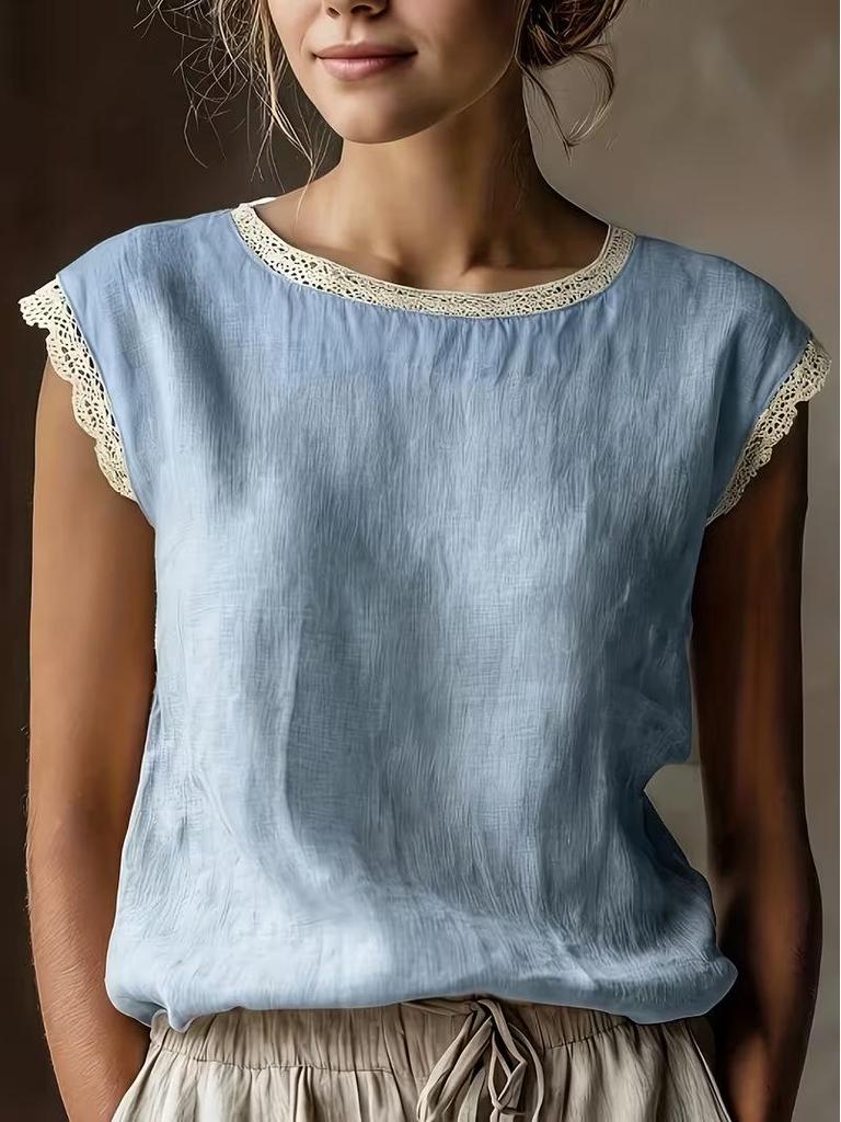Women's European and American Style Sleeveless Lace Cotton-Linen Shirt, Spring/Summer 2026 Collection.