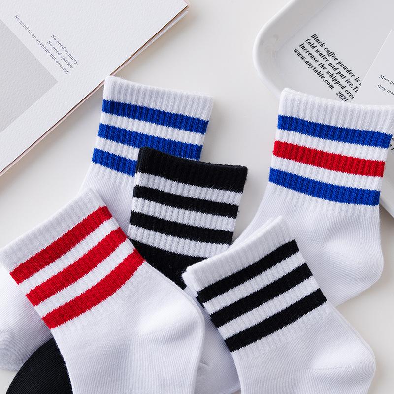 Kids' White & Black Mid-Calf Cotton Socks - Thick Striped Sports Socks for Boys & Girls, Spring & Autumn.