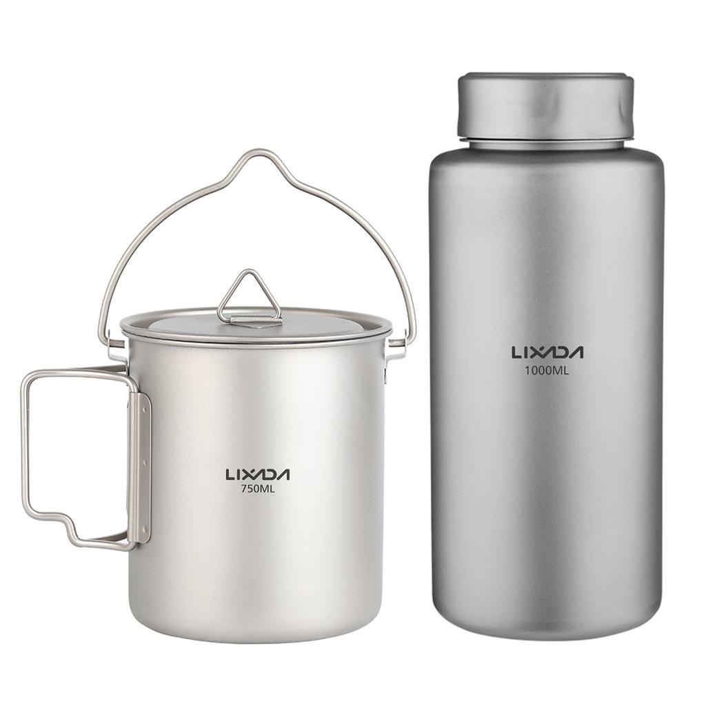 Lixada 1L Ti Water Bottle Leak-proof Sport Water Bottle with 750ml Hanging Pot for Outdoor Camping