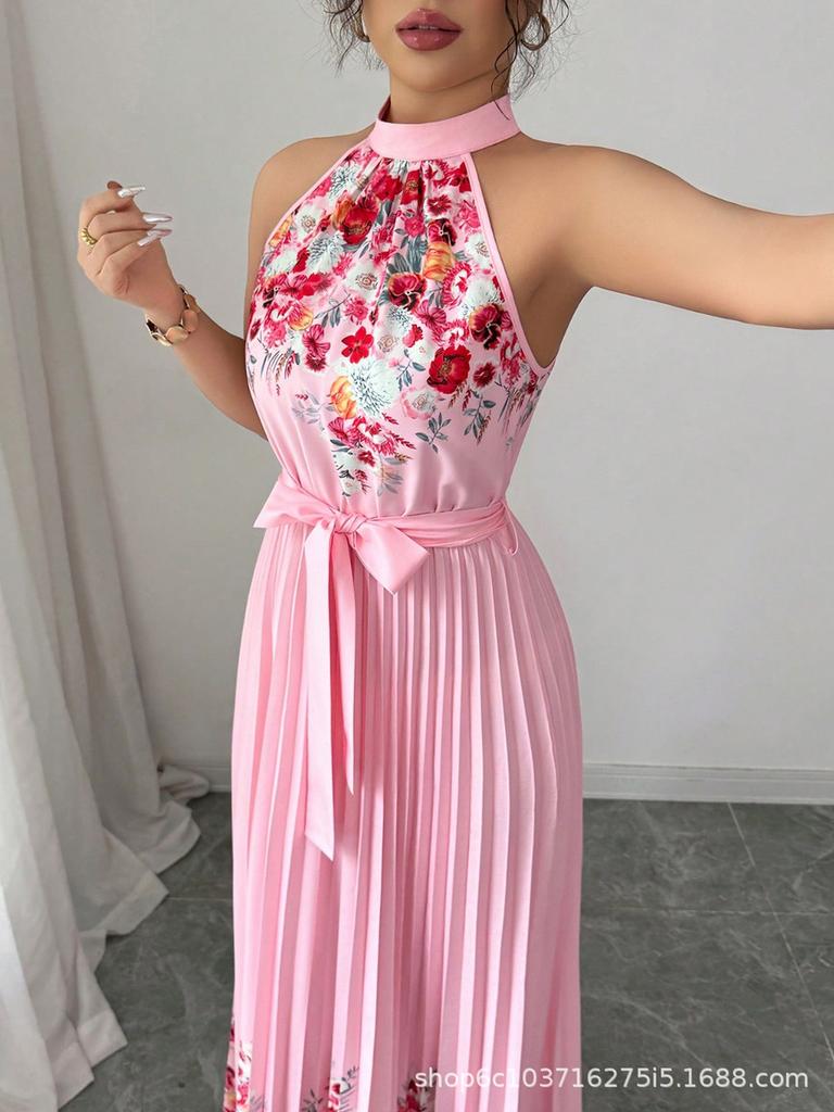 Women's New Year Fashion Printed Pleated Long Dress