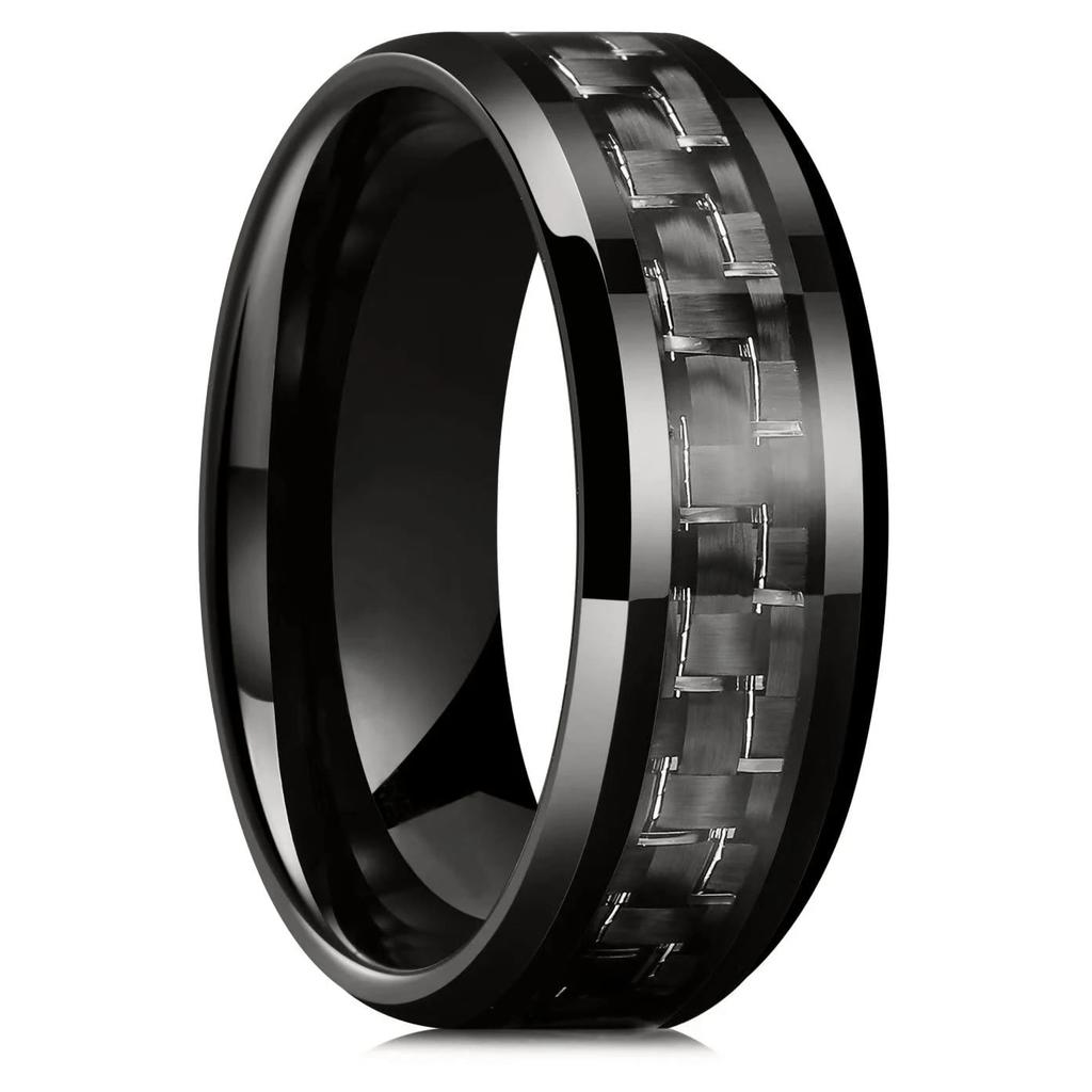 Simple 8MM Men Gold Color Stainless Steel Rings Black Carbon Fiber Matte Finish Engagement Ring For Men Wedding Band Jewelry