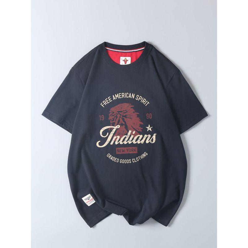 Export Surplus Cotton Brushed Indian Vintage Print Short-Sleeve T-Shirt Men's Trendy Brand Round Neck Base Shirt