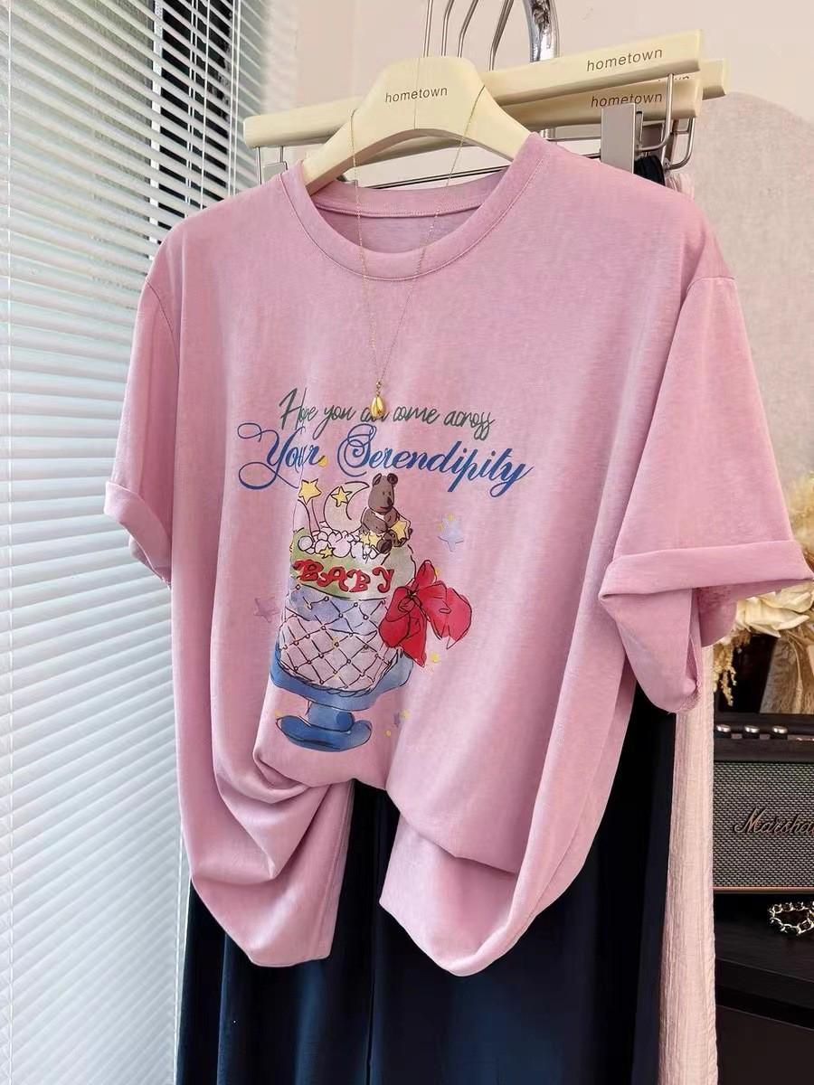 

Pink-Purple Retro Snowflake Print Loose Cotton Short Sleeve T-shirt for Women L (Up to 145 jin)