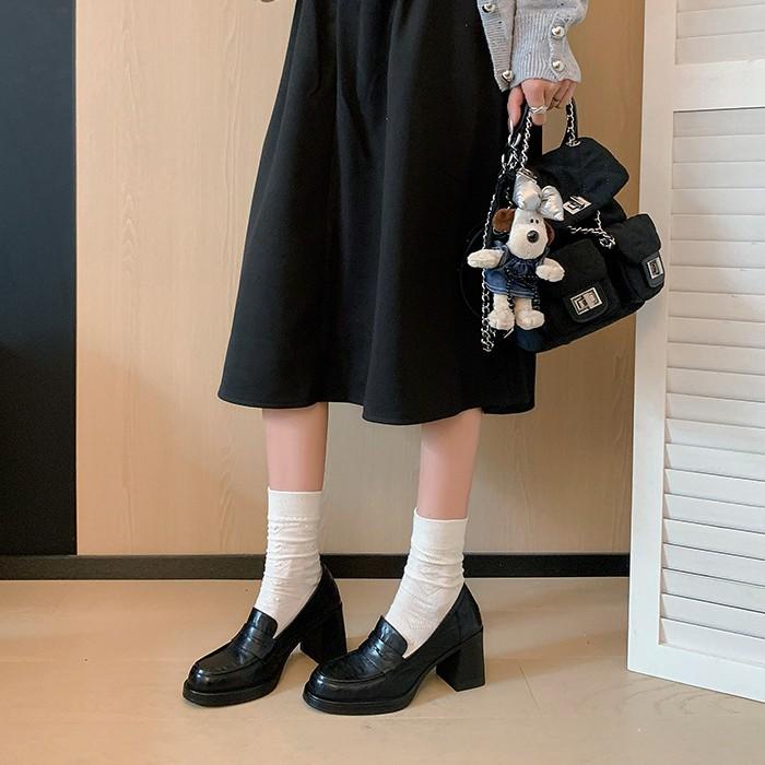 Retro Round Head Versatile Thick Sole Thick High Heel Loafers Women's Simple British Style Small Leather Shoes Deep Mouth Japanese Jk Single Shoes