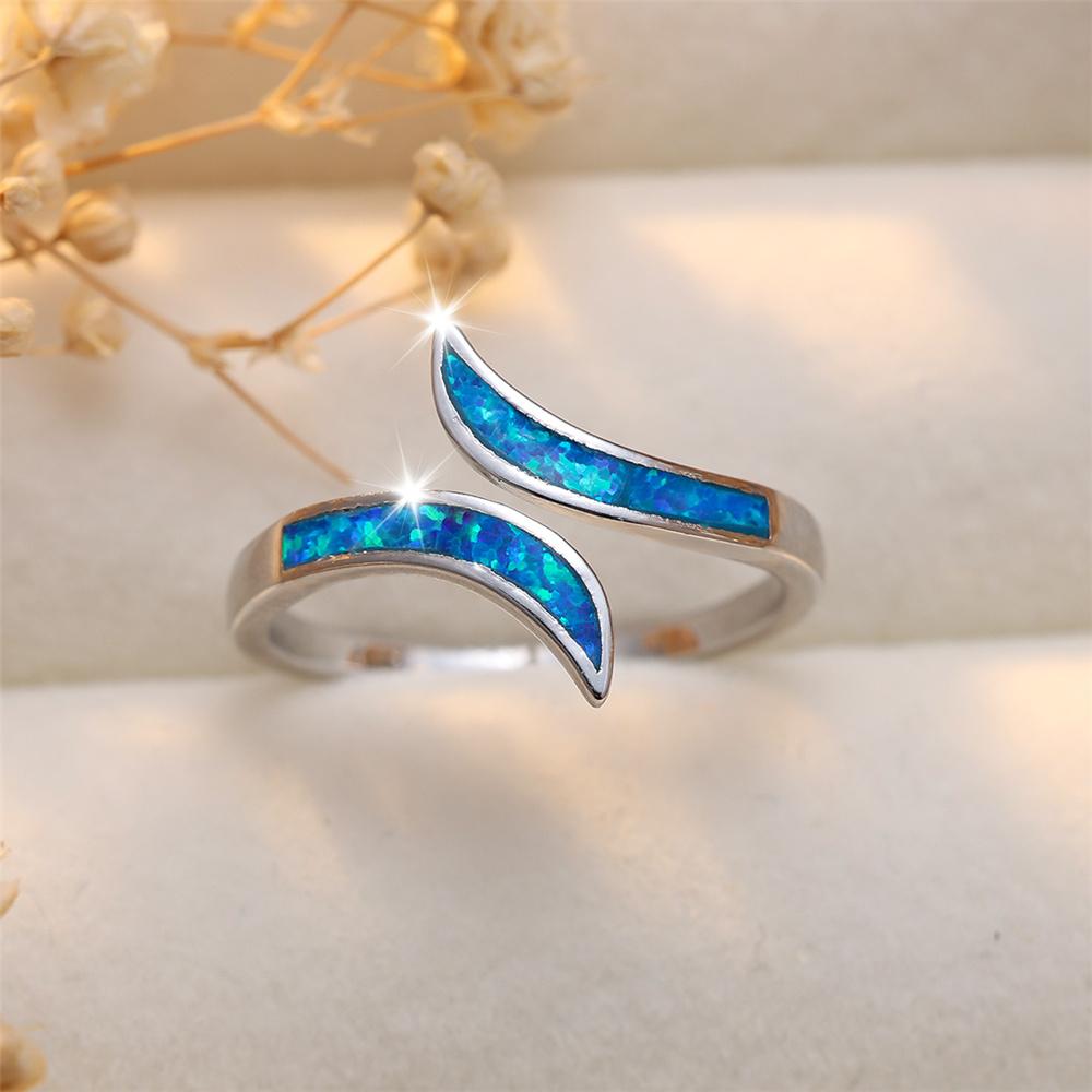 Luxury Female Blue Fire Opal Stone Ring Vintage Silver Color Wedding Unique Jewelry For Women