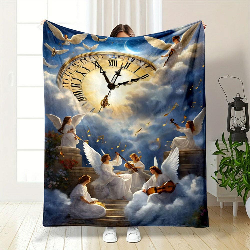 Angel Themed Clock Music Print Blanket Printed Blanket for Living Room Bed Couch lunch break Soft Cozy Blanket for Friend's festival Gift