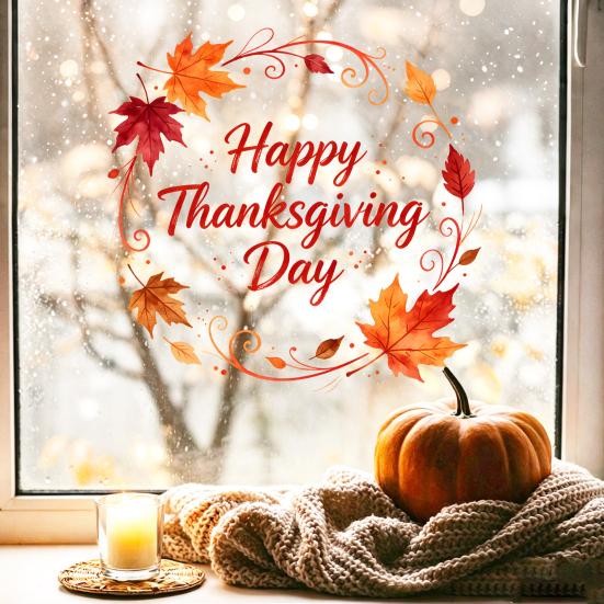 Watercolor Maple Leaf Decor Thanksgiving Window Clings, Wreath Static Glass Stickers for Autumn Electrostatic Film Holiday Home Decoration, Removable