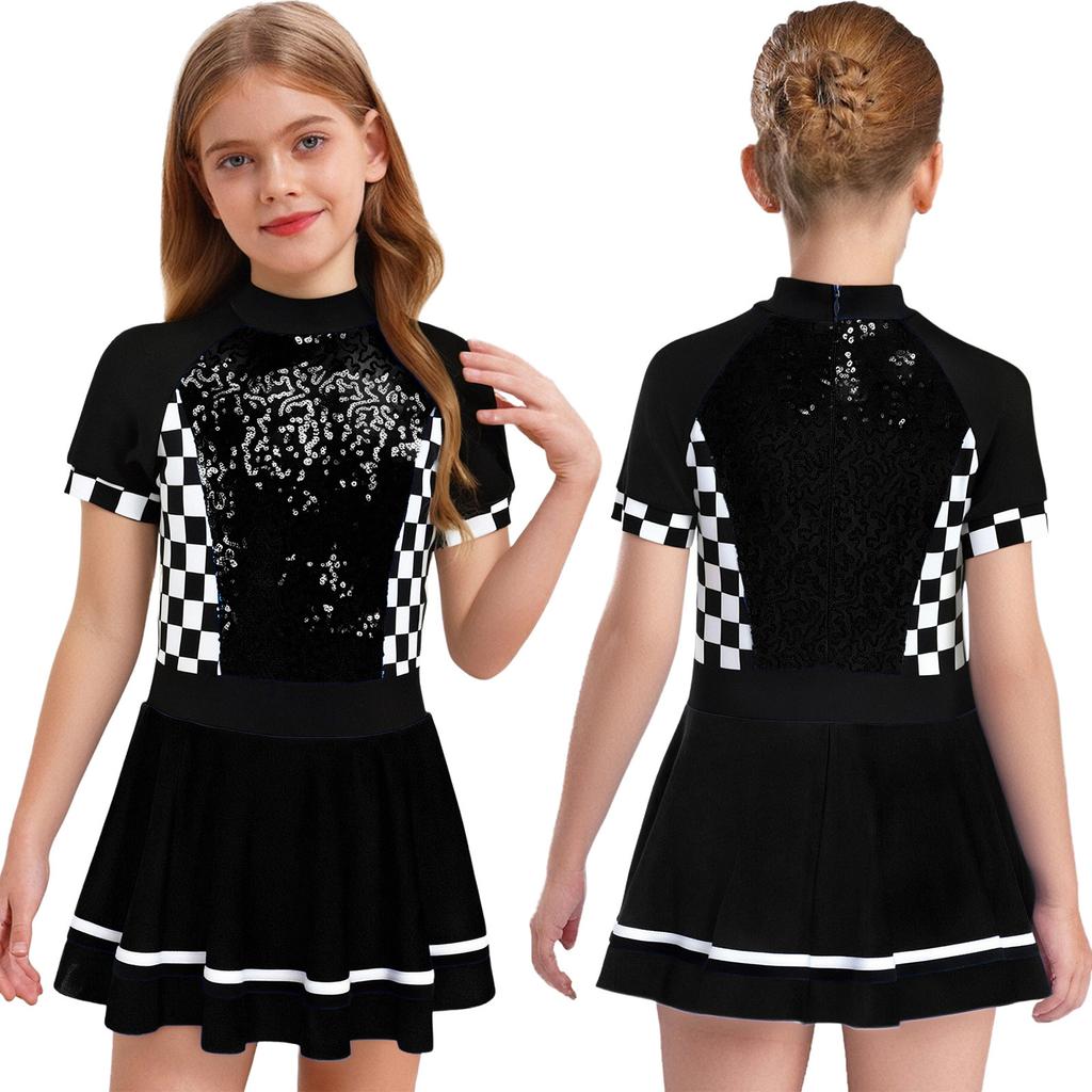 Girls Checkerboard Shiny Sequins Race Dress Mock Neck Short Sleeve Back Invisible Zipper with Built-in Briefs for Halloween Theme Party