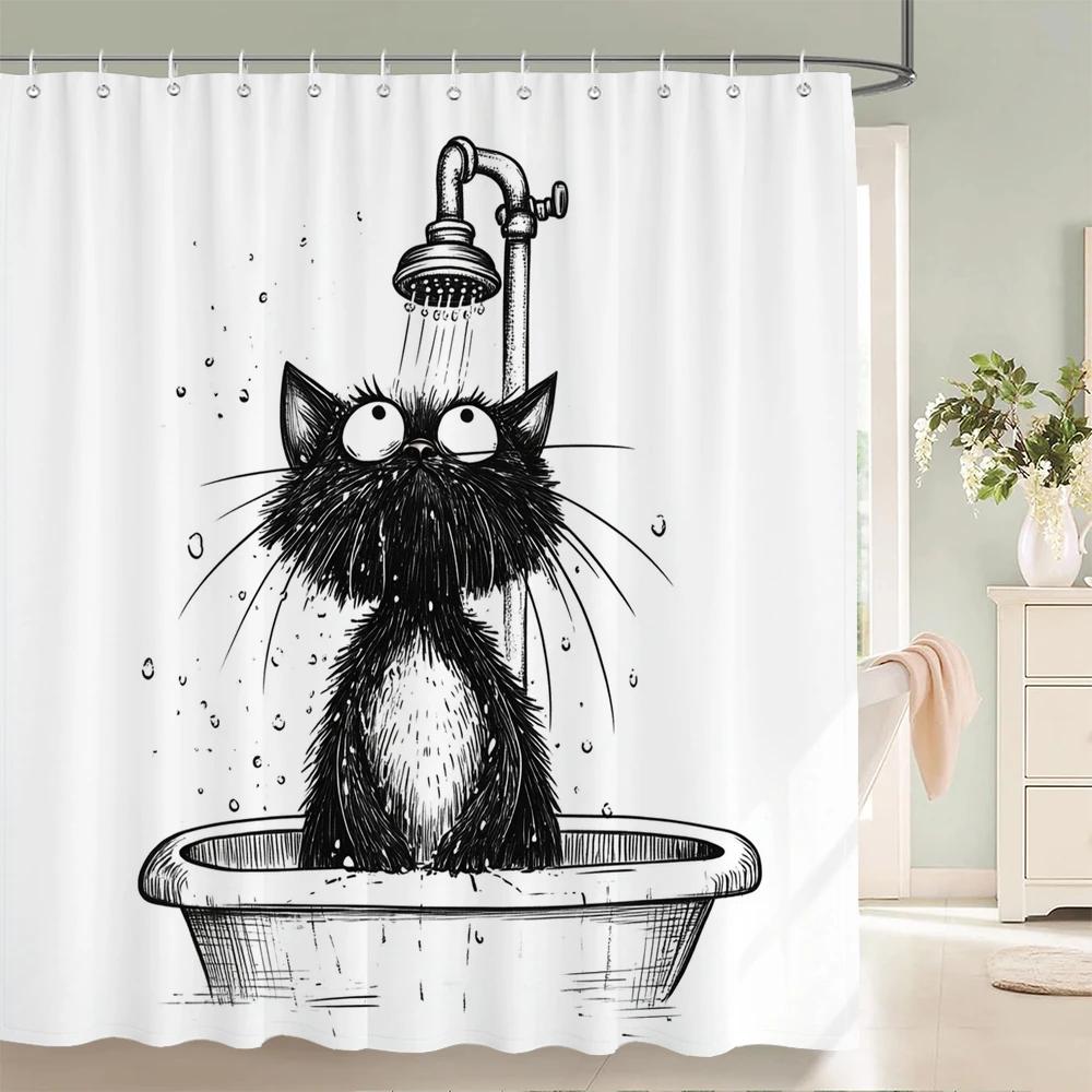 Minimalistisk stil Katt Hund Duschdraperi Intressant och Kreativt Djurtryckt Badkarsdekoration Badrumsgardin Med Krokar