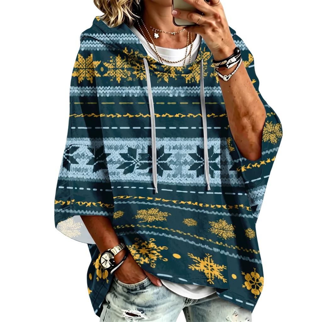 Women's Fashion Christmas Print Hooded Pullover Top, 3/4 Sleeve Casual Tunic