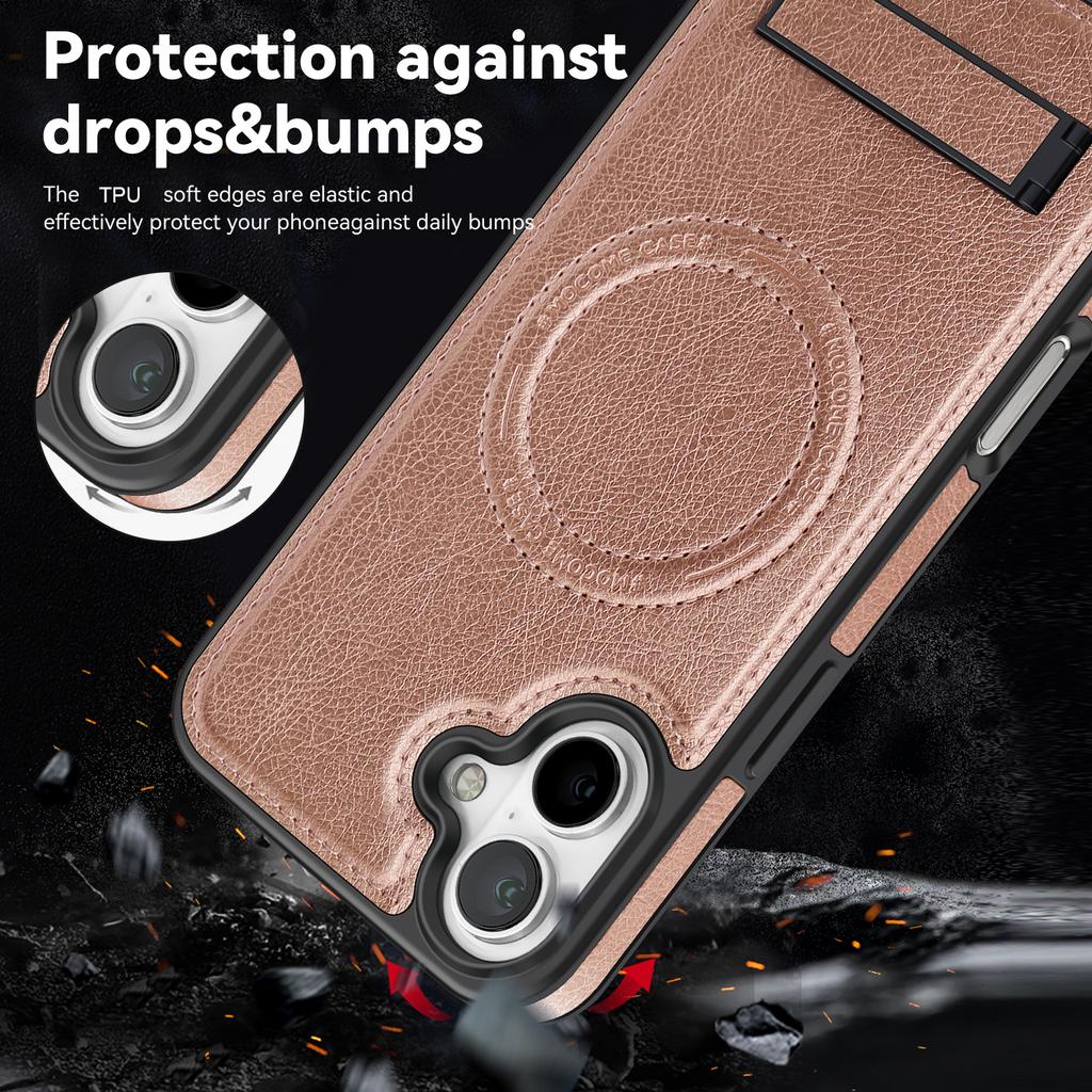 For iPhone 16 Plus Case Compatible with MagSafe with Folded Kickstand PC Silicone Leather Phone Back Cover