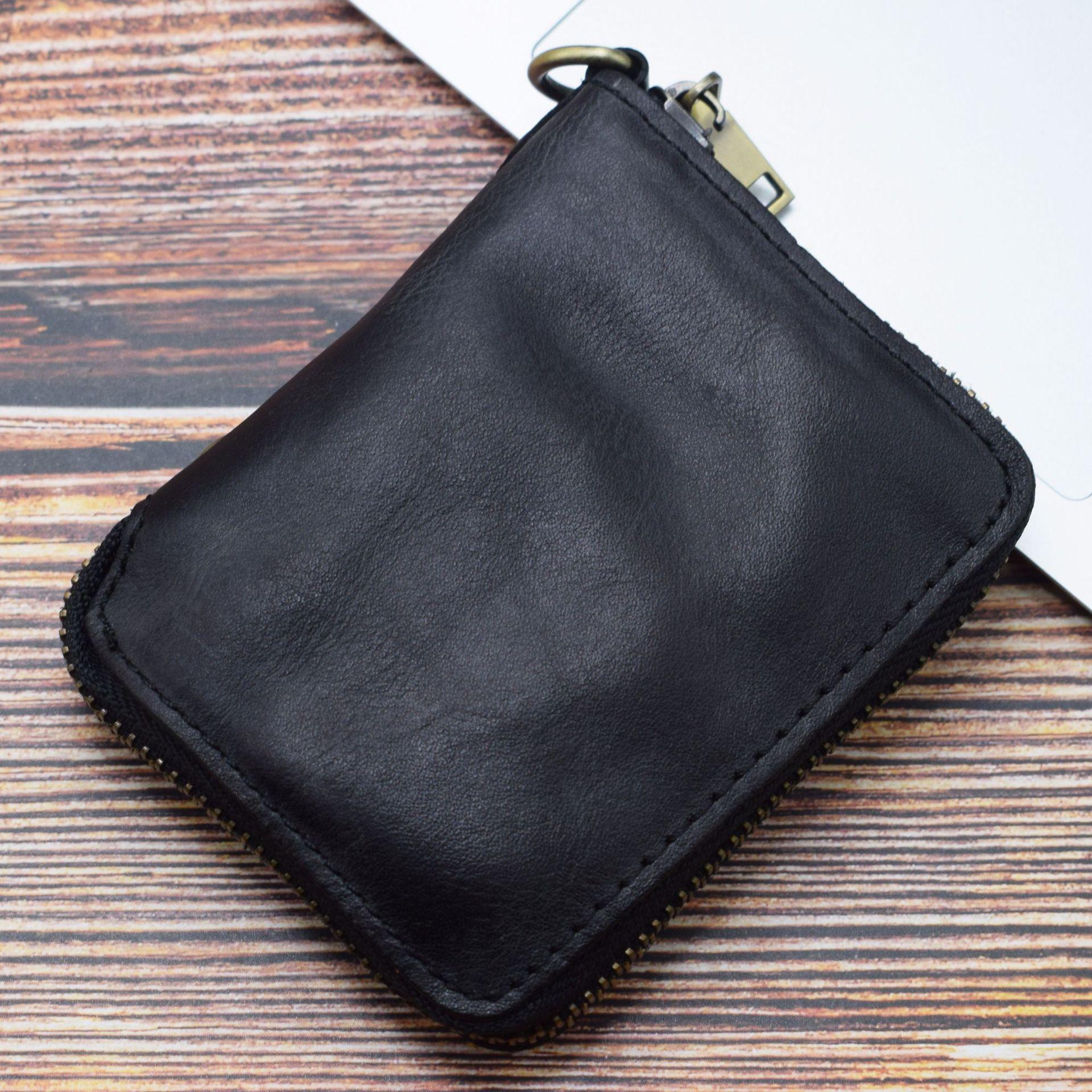 Men s Retro Short Zipper Wallet, Vegetable Tanned Leather Wallet, Vertical Wallet, Trendy чёрный