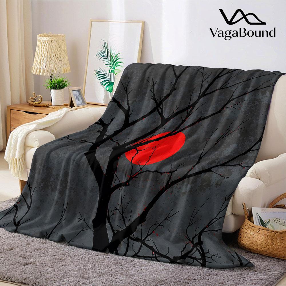 Red Moon Dead Tree Art Background Flannel Blanket Warm Soft Halloween Christmas Decorative Couch Warm Cozy All-Season Gift