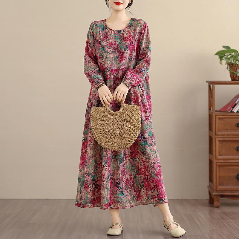 DIMANAF Nuovo 2025 Donna Taglie Forti Primavera Abito Lungo Morbido Base Vintage Oversize Manica Lunga Maxi Floreale